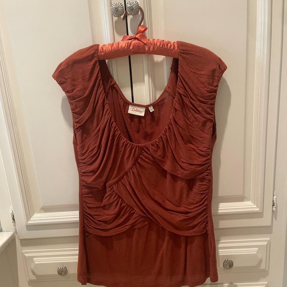 Rust Figure Flattering Draped Short Sleeve Top / Anthropology